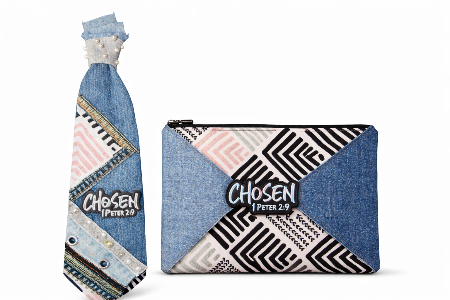 Denim scripture Patch Tie & Clutch Set-CHOSEN